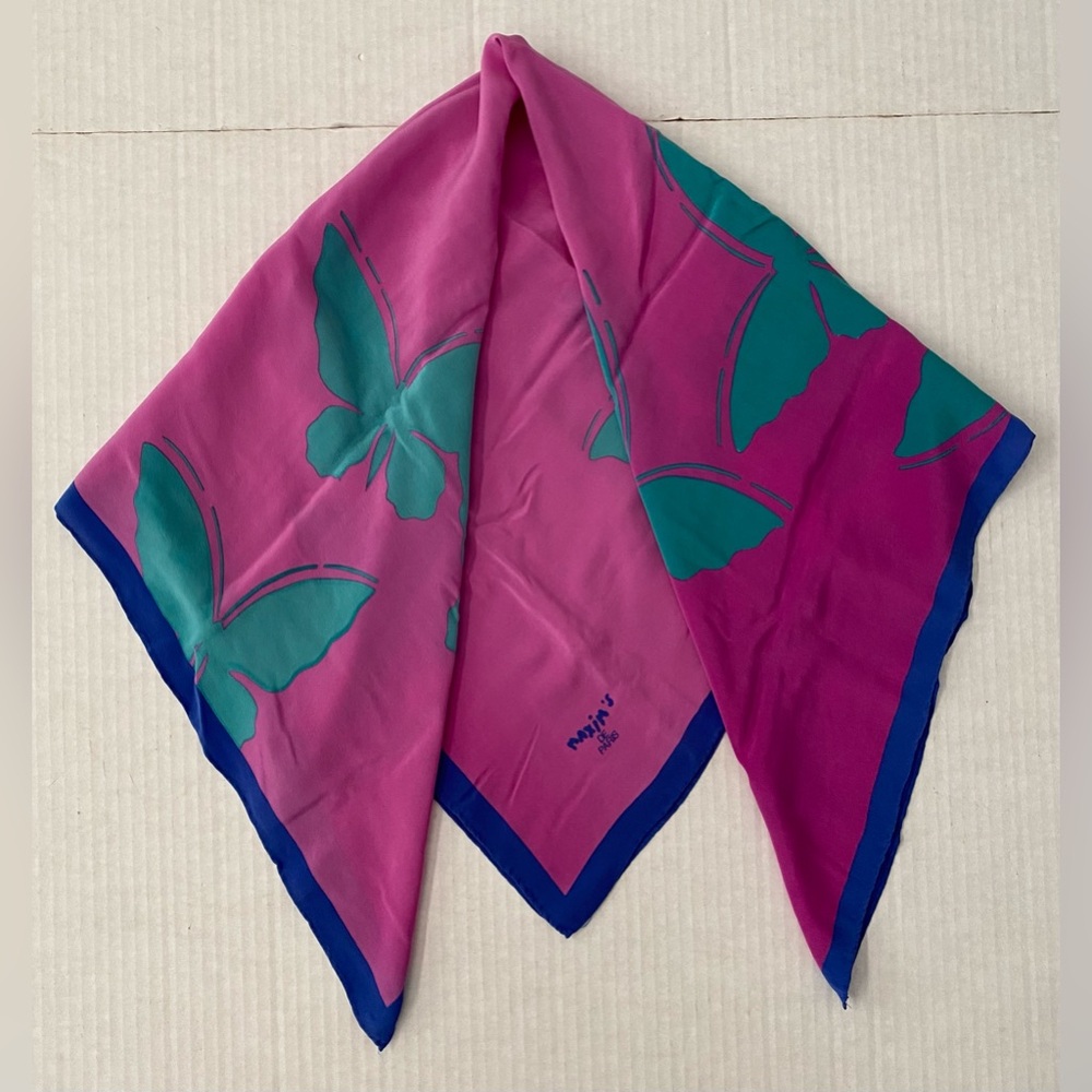 Maxim’s De Paris Silk Pink Ombré 33” Square Butterfly Scarf w/Blue Border - Picture 5 of 16